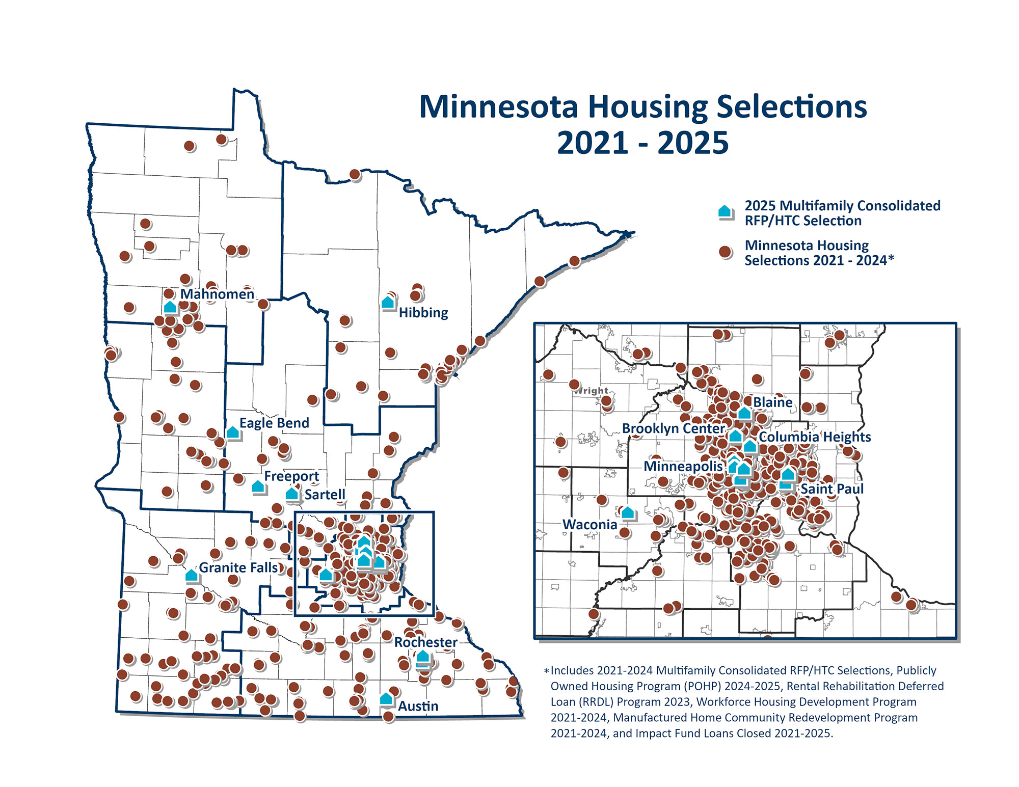 Minnesota map and inset of the Twin Cities Metropolitan Area with selection sites marked statewide