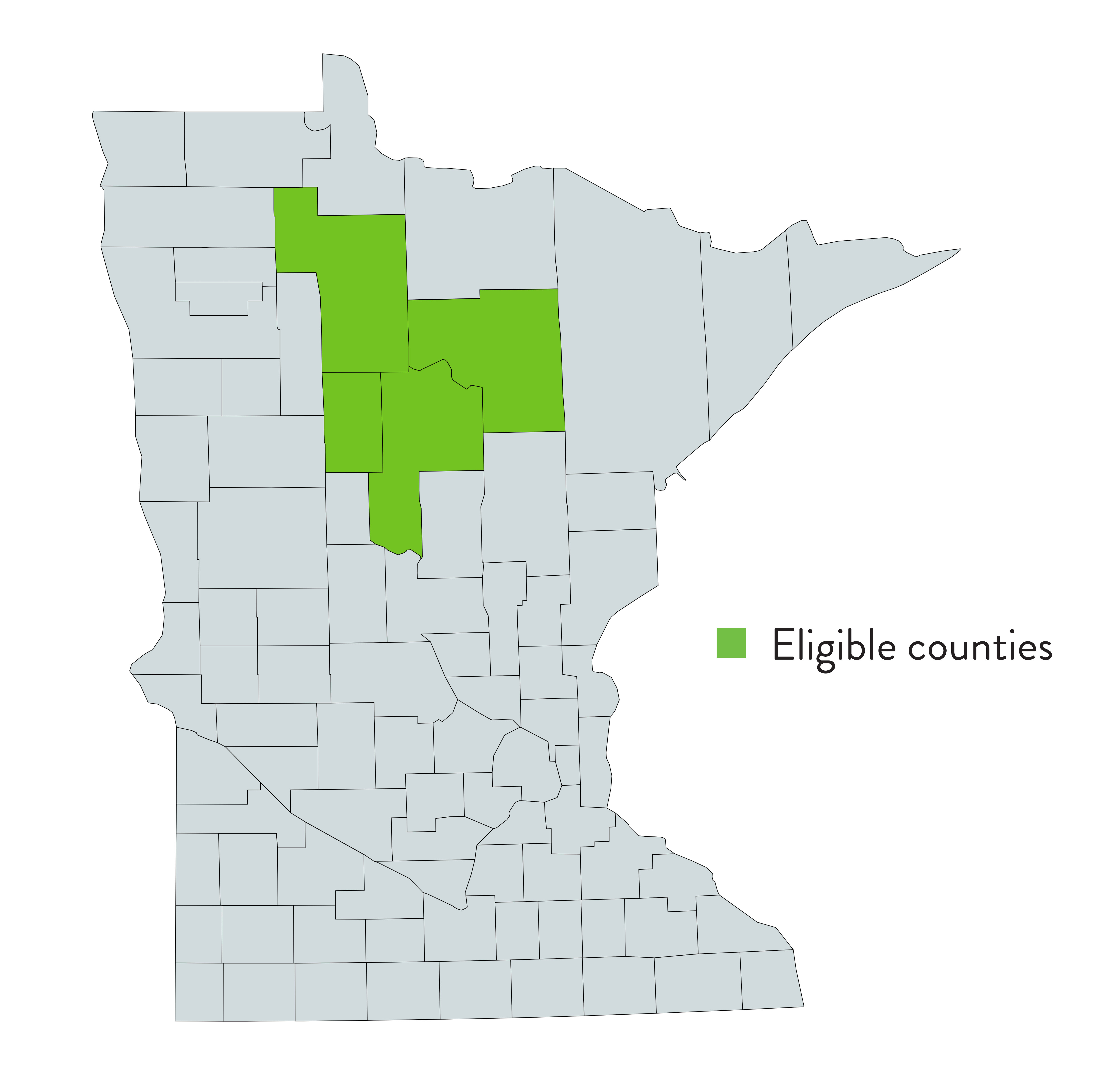 Map of Minnesota with Leech Lake counties highlighted (Beltrami, Cass, Hubbard and Itasca)