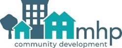 Minnesota Housing Partnership logo. Text underneath illustrated buildings says "community development."