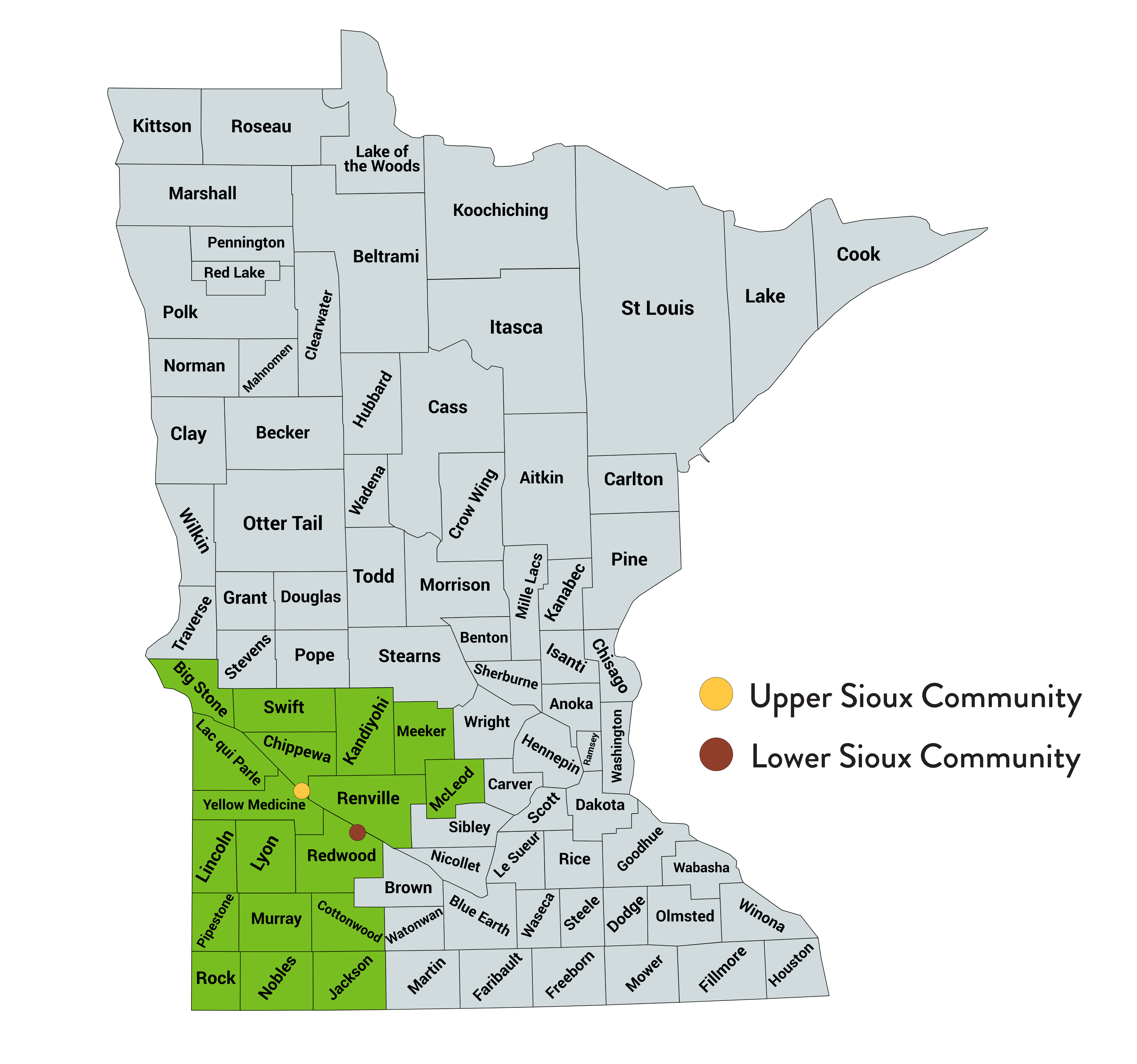 Map of Minnesota with the southwest counties colored in green. Also on the map are points indicating the Upper and Lower Sioux Communities.